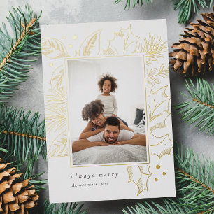 Tarjeta Festiva Con Relieve Metalizado Foliage vintage   Oro fotográfico vertical