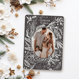 Tarjeta Festiva Con Relieve Metalizado Follaje de Navidad Gris Oscuro