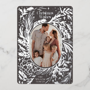 Tarjeta Festiva Con Relieve Metalizado Follaje de Navidad Gris Oscuro