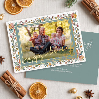 Tarjeta Festiva Con Relieve Metalizado Fondo dorado floral con borde para foto familiar