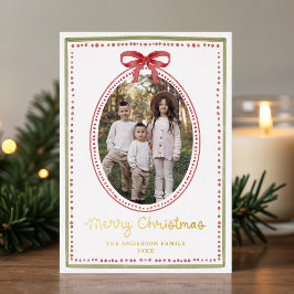 Tarjeta Festiva Con Relieve Metalizado Foto 2 de Navidad con Lazo Rojo Vintage