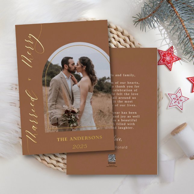 Tarjeta Festiva Con Relieve Metalizado Foto Arch Merry Bodas casados Navidades Gold (Subido por el creador)
