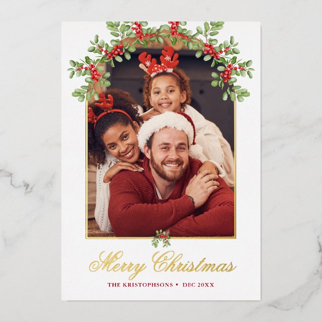 Tarjeta Festiva Con Relieve Metalizado Foto Arqueada de la Baya Roja de Holly (Anverso)