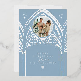 Tarjeta Festiva Con Relieve Metalizado Foto azul de cuento de Navidad gótico nevado