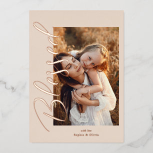 Tarjeta Festiva Con Relieve Metalizado Foto 'Bendita' Navidad Rosa Dorado