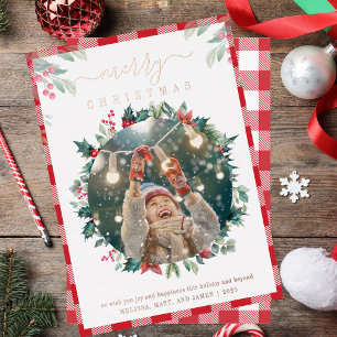 Tarjeta Festiva Con Relieve Metalizado Foto Botánica de Merry Christmas Plaid