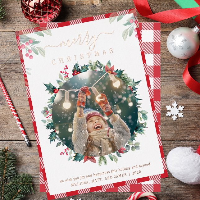 Tarjeta Festiva Con Relieve Metalizado Foto Botánica de Merry Christmas Plaid (Merry Christmas Plaid Photo Botanical Foil Holiday Card)