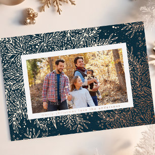 Tarjeta Festiva Con Relieve Metalizado Foto botánica de Navidad en oro ROSADO copo de nie