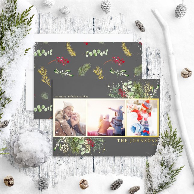 Tarjeta Festiva Con Relieve Metalizado Foto botánica de Navidad Gris oscuro moderno (Subido por el creador)