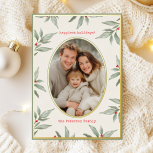Tarjeta Festiva Con Relieve Metalizado Foto Botánica Vintage Verde Dorado