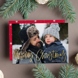Tarjeta Festiva Con Relieve Metalizado Foto caprichosa de Navidad en rojo con guión
