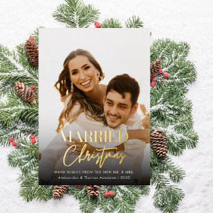 Tarjeta Festiva Con Relieve Metalizado Foto Casados Navidad Recién Casados Cuadros Rojos