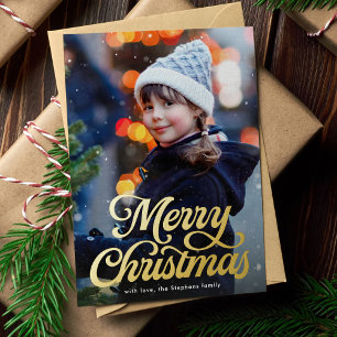 Tarjeta Festiva Con Relieve Metalizado Foto clásica con letras retro de Feliz Navidad