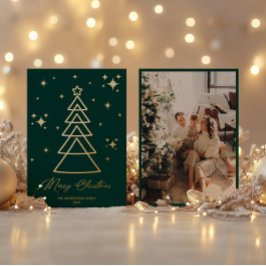 Tarjeta Festiva Con Relieve Metalizado Foto Clásica de Árbol de Navidad Verde Oscuro y Do