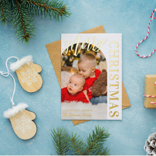 Tarjeta Festiva Con Relieve Metalizado Foto con forma de arco Feliz Navidad Dorado