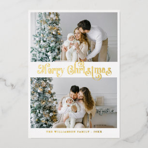 Tarjeta Festiva Con Relieve Metalizado Foto con letras doradas Feliz Navidad