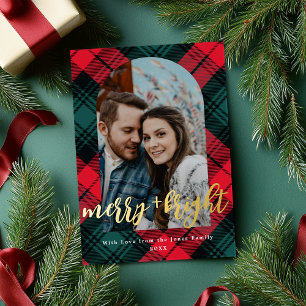 Tarjeta Festiva Con Relieve Metalizado Foto con marco arqueado Plaid Merry and Bright