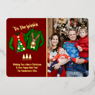 Tarjeta Festiva Con Relieve Metalizado Foto con tema de suéter feo divertido y lindo