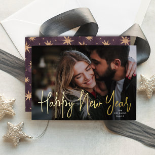 Tarjeta Festiva Con Relieve Metalizado Foto de Año Nuevo Feliz