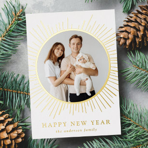Tarjeta Festiva Con Relieve Metalizado Foto de Año Nuevo Feliz de Sunburst