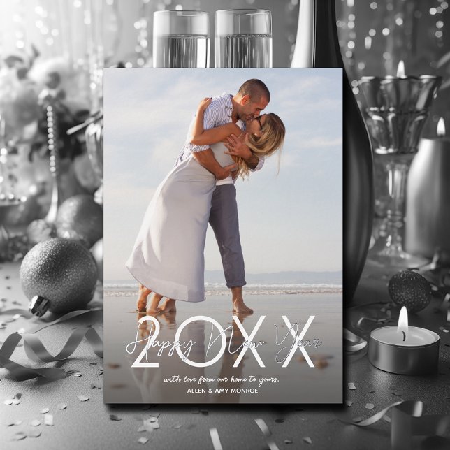 Tarjeta Festiva Con Relieve Metalizado Foto de Año Nuevo Feliz Moderno (Modern Happy New Year Photo with Real Silver Foil Holiday Cards)