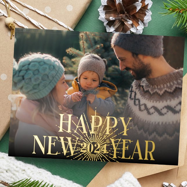 Tarjeta Festiva Con Relieve Metalizado Foto de Año Nuevo Feliz Moderno con Fuegos Artific (Subido por el creador)