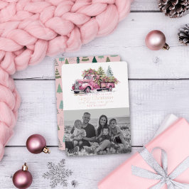 Tarjeta Festiva Con Relieve Metalizado Foto de árbol de navidad del camión de granja rosa
