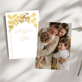 Tarjeta Festiva Con Relieve Metalizado Foto de arco chic Letra elegante Feliz Navidad 