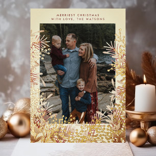 Tarjeta Festiva Con Relieve Metalizado Foto de bayas de Navidad en acuarela dorada de inv