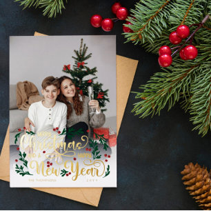 Tarjeta Festiva Con Relieve Metalizado Foto de bayas Feliz Navidad Feliz Año Nuevo