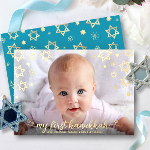 Tarjeta Festiva Con Relieve Metalizado Foto de bebé 1er Hanukkah Estrella de David Oro Re