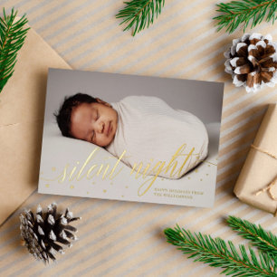 Tarjeta Festiva Con Relieve Metalizado Foto de bebé Navidad silenciosa Felices Fiestas