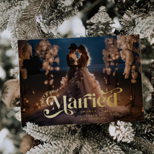 Tarjeta Festiva Con Relieve Metalizado Foto de Boda de feriado de Swirl Merry y Married S