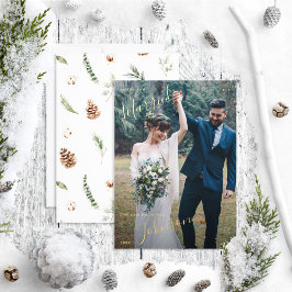 Tarjeta Festiva Con Relieve Metalizado Foto de Boda de Invierno de Cerezo y Algodón Casad