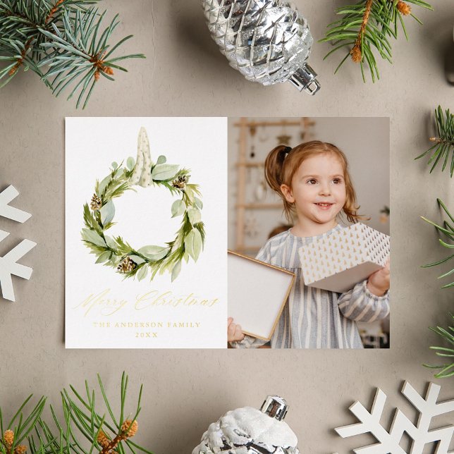 Tarjeta Festiva Con Relieve Metalizado Foto de Boho Greenery Wreath (Subido por el creador)