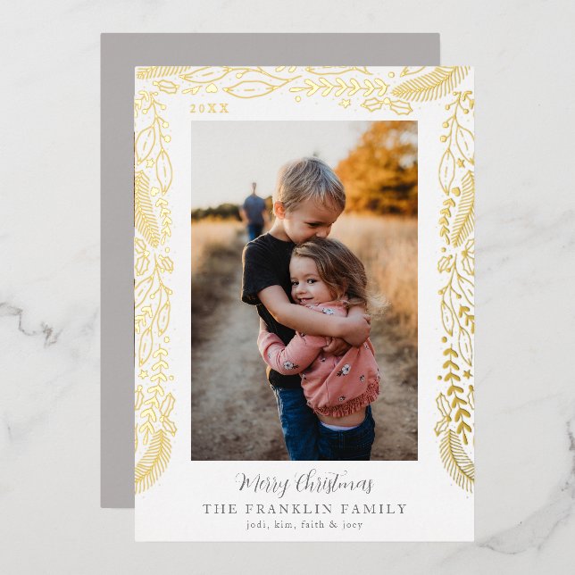 Tarjeta Festiva Con Relieve Metalizado Foto de borde de vegetación festiva (Anverso/Reverso)