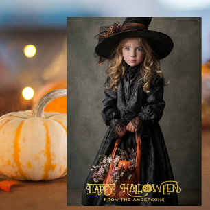 Tarjeta Festiva Con Relieve Metalizado Foto de Bruja Vintage Espeluznante Calabaza Dorada