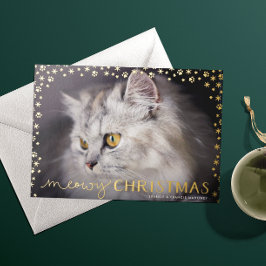 Tarjeta Festiva Con Relieve Metalizado Foto de Cat Lover de Gold Meowy Navidades