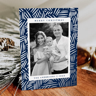 Tarjeta Festiva Con Relieve Metalizado Foto de color azul marino y plata con guiones