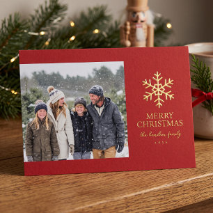 Tarjeta Festiva Con Relieve Metalizado Foto de copo de nieve moderno de Navidad en hoja m