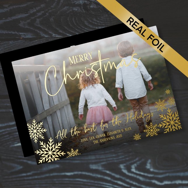 Tarjeta Festiva Con Relieve Metalizado Foto de copos de nieve Navidad (Snowflakes Photo Christmas Foil Holiday Card)