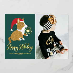 Tarjeta Festiva Con Relieve Metalizado Foto de Corgi de Santa Adorable Felices Fiestas