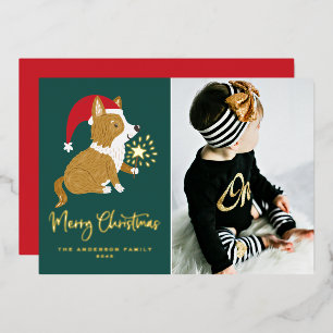 Tarjeta Festiva Con Relieve Metalizado Foto de Corgi de Santa Adorable Navidad Feliz Navi