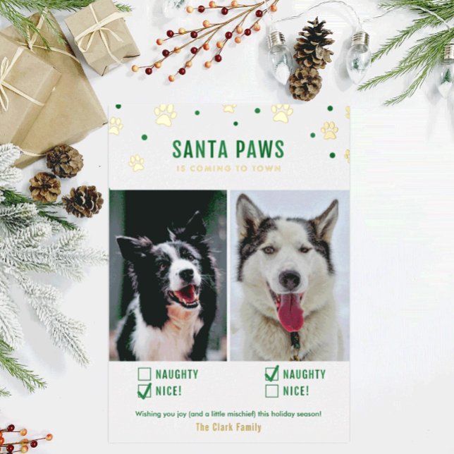 Tarjeta Festiva Con Relieve Metalizado Foto de dos perros Gold & Green Traviesos o Buenos (Subido por el creador)