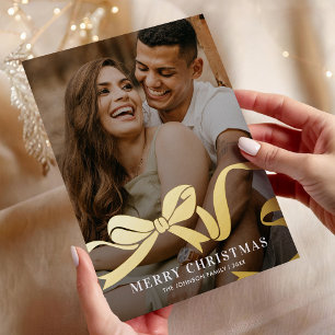 Tarjeta Festiva Con Relieve Metalizado Foto de Elegante Lazo Navidad