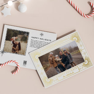 Tarjeta Festiva Con Relieve Metalizado Foto de estrella de Navidad Feliz Fiesta Blanco