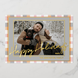 Tarjeta Festiva Con Relieve Metalizado Foto de familia con plaid rosa mauve gris y lámina