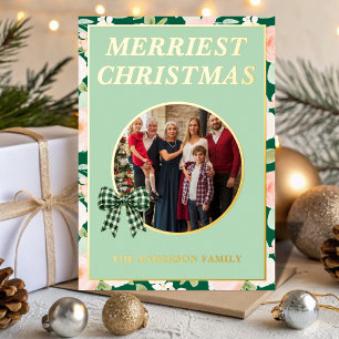 Tarjeta Festiva Con Relieve Metalizado Foto de familia de Navidad más alegre con flor sil