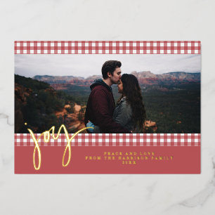 Tarjeta Festiva Con Relieve Metalizado Foto de familia de Navidad roja granja Gingham