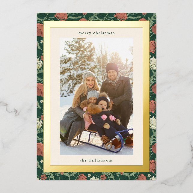 Tarjeta Festiva Con Relieve Metalizado Foto de familia de Navidades Rústicos Verdes Vinta (Anverso)
